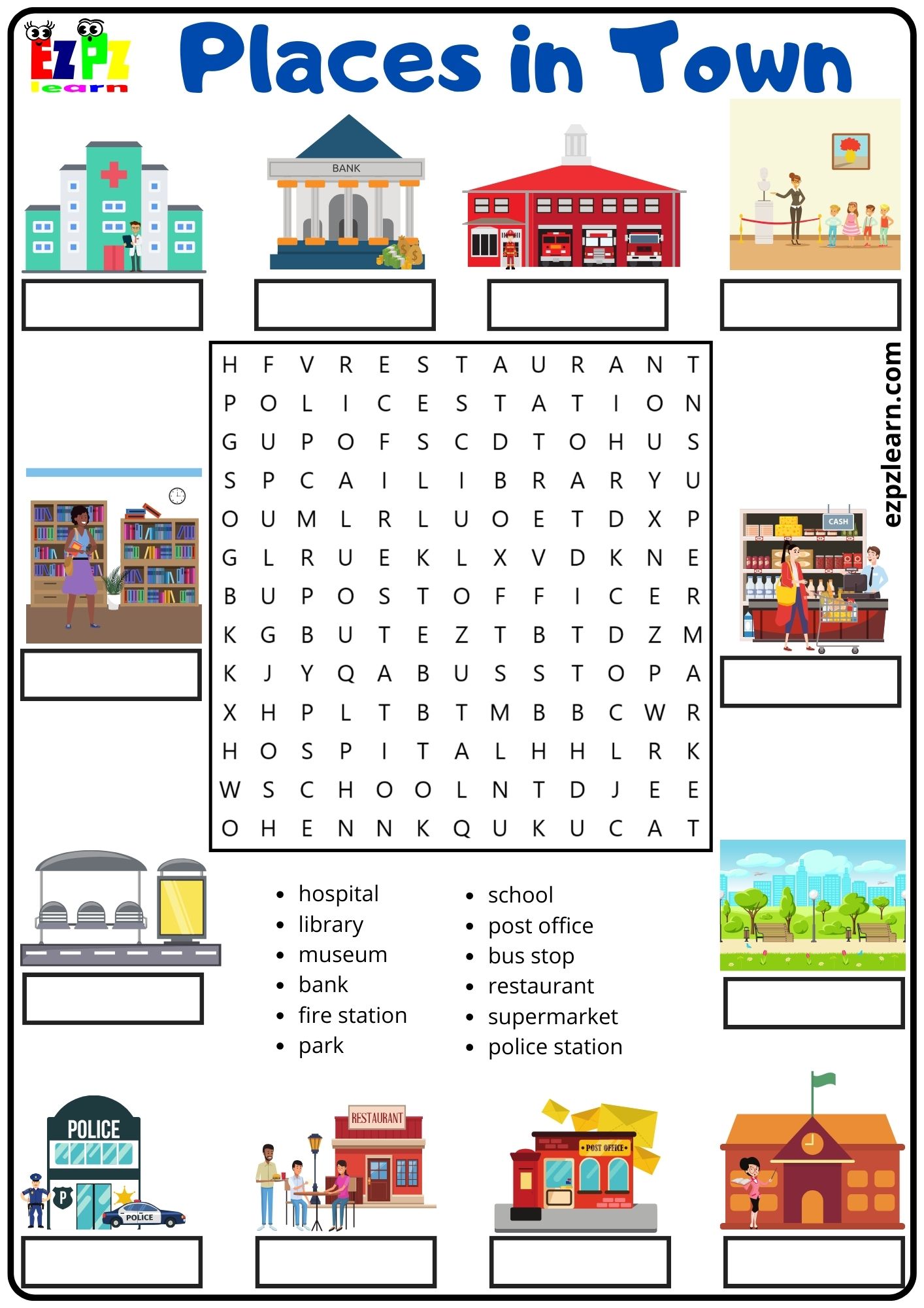 Places In Town Vocabulary Word Search And Match The Words Activity For